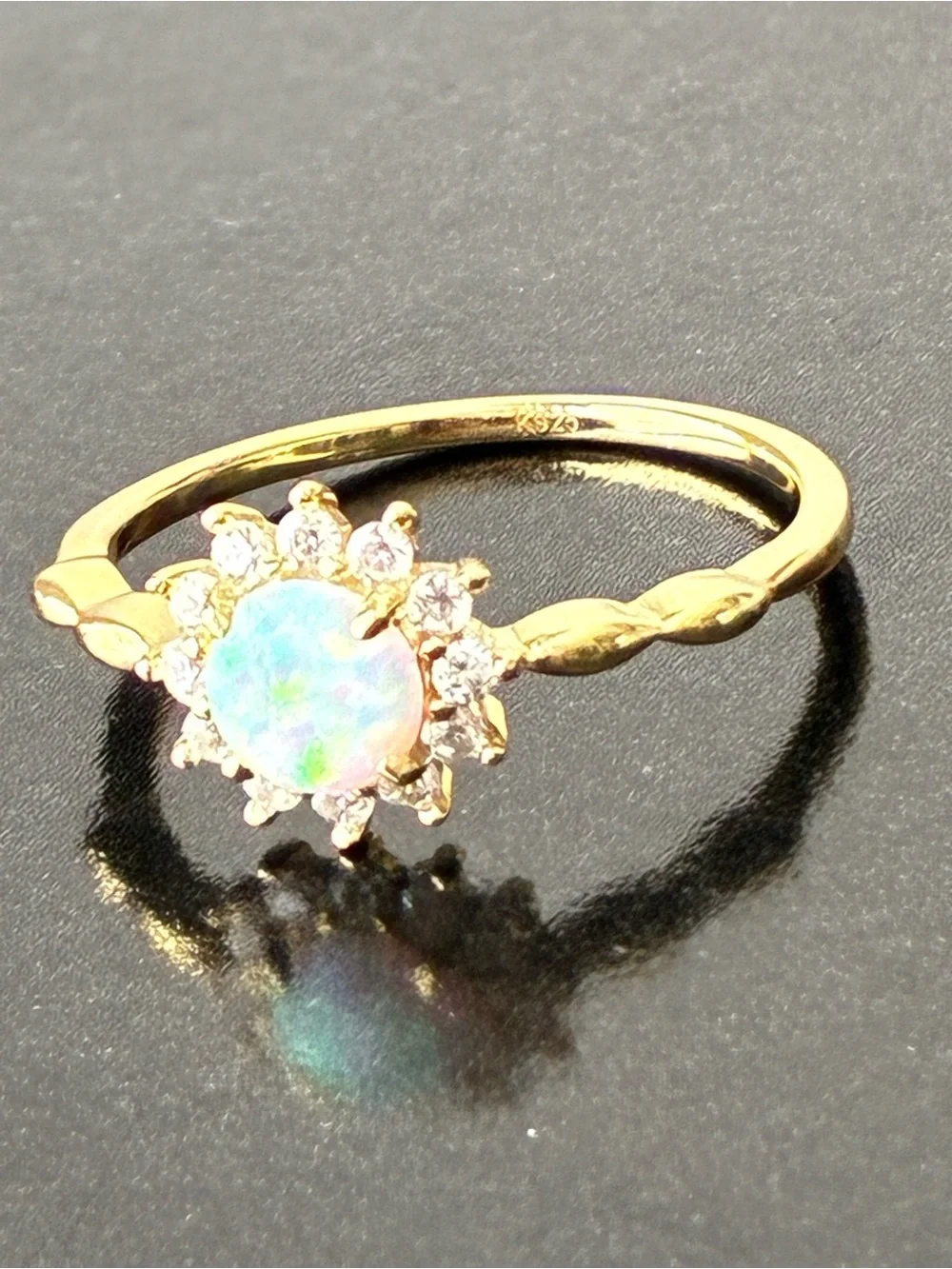 925 Sterling Silver Gold Tone  Opal Halo Ring Sz 9- White Opal